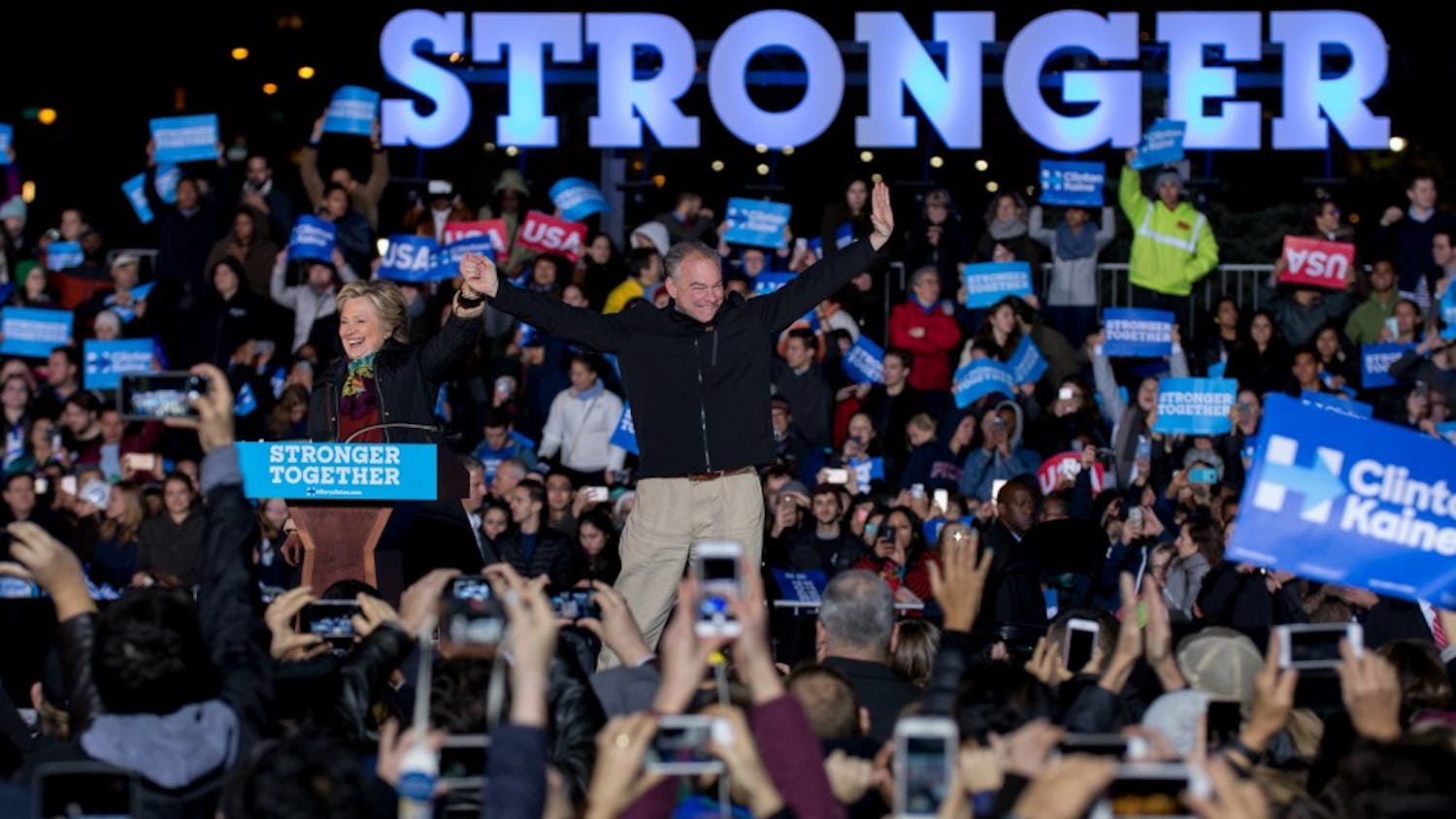 Democratic presidential nominee Hillary Clinton and Sen. Tim Kaine (D-Va.) campaigned at Penn Park on Saturday, Oct. 22.