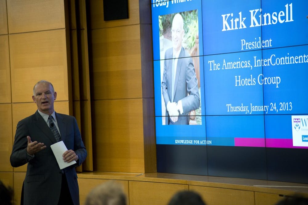 Kirk Kinsell of InterContinential Hotels Group giving a lecture at Huntsman Hall