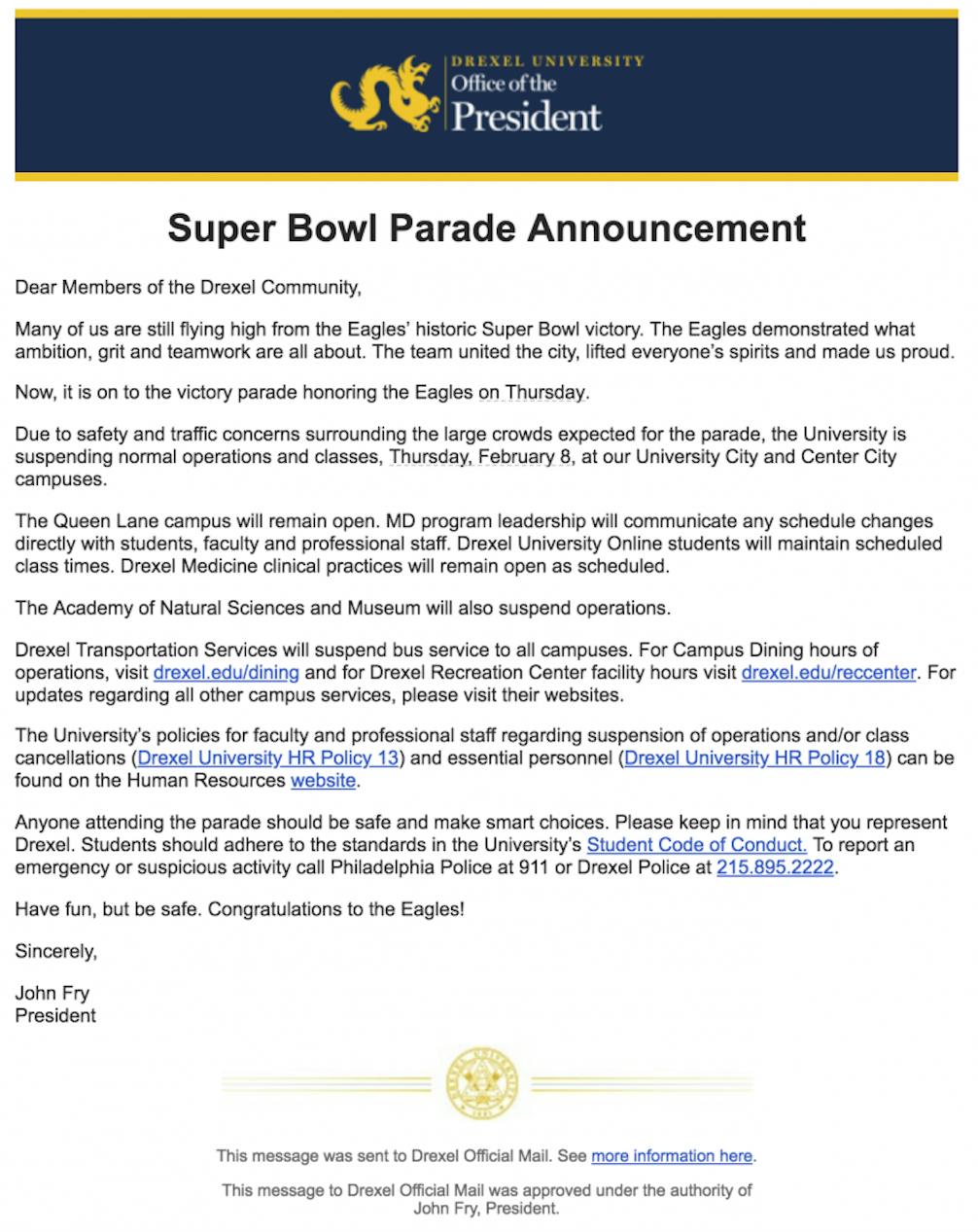 Drexel Super Bowl Announcement