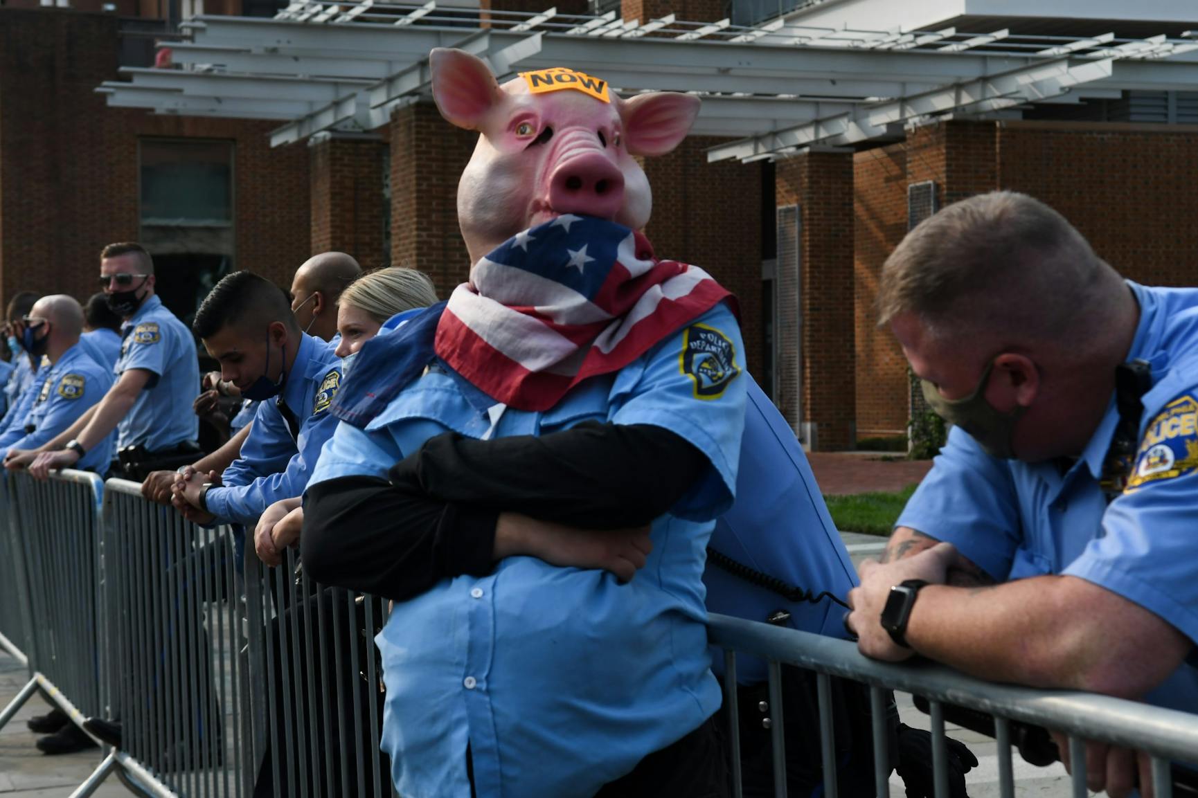 09-15-20 Donald Trump Protest Philadelphia Townhall Election Protest Trump Pig Police impersonator and Police.jpg