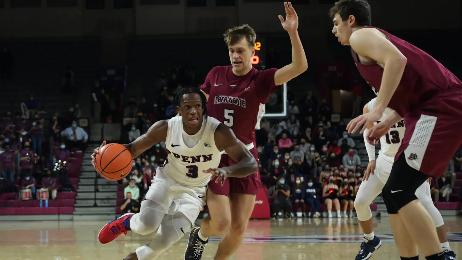 11-16-2021 Men's Basketball versus Lafayette Jordan Dingle Dribbling (Kylie Cooper).jpg