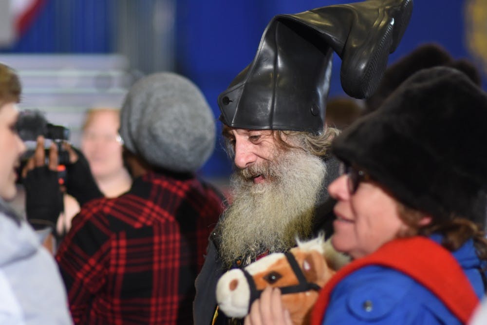After running into Vermin Supreme at a polling station earlier that day, we happened to run into him again at the Sanders rally.