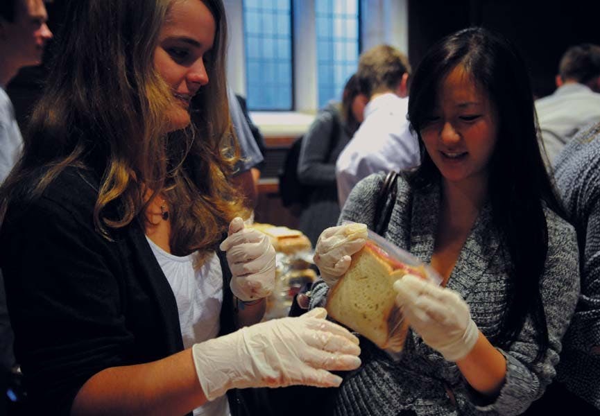 Greek organizations gather together in Houston Hall and make PB&JLeft: Christina Hesketh (C'15)Right: Michelle Chen (C'15)