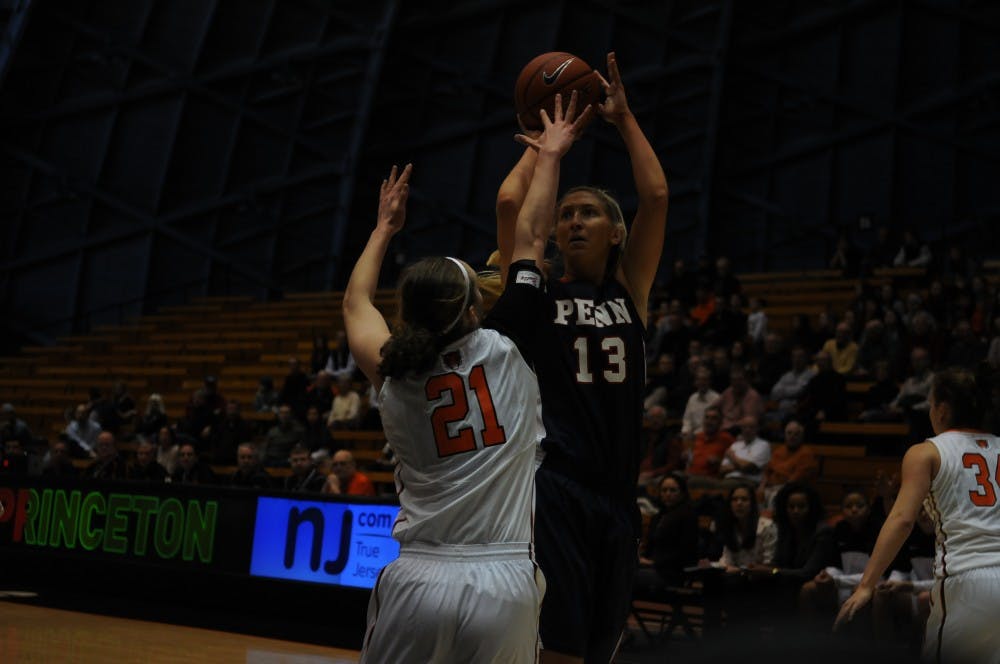 Penn sophomore center Sydney Stipanovich couldn't get her shot going against Princeton and junior forward Alex Wheatley. Stipanovich made just one of her 11 shots, scoring two points in the Penn's 29-point defeat.