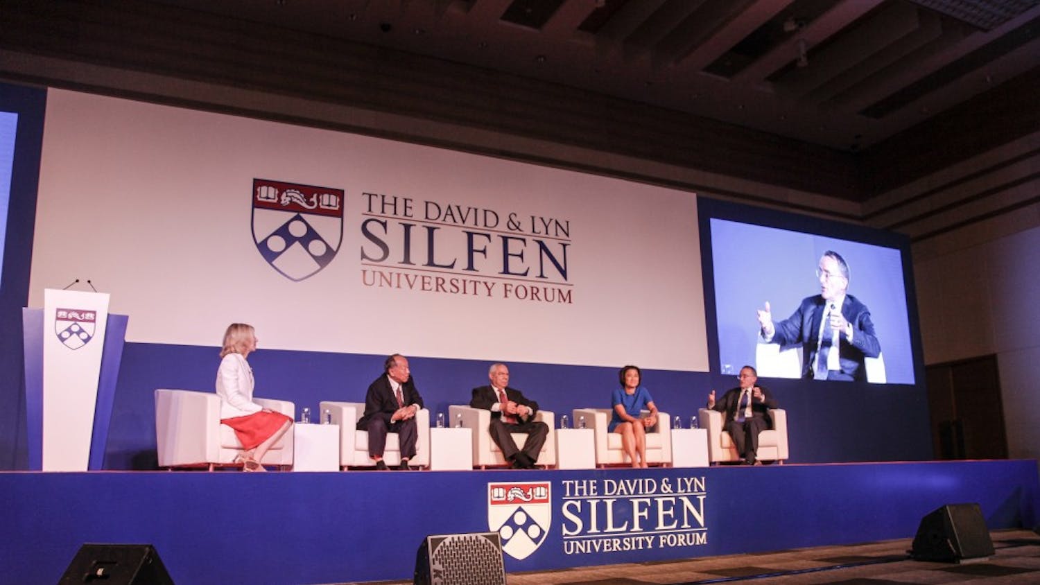 The Silfen Forum was part of a weeklong series of events hosted by Penn in China. Led by Amy Gutmann, the panel also included former Secretary of State Colin L. Powell and former Chinese foreign minister Li Zhaoxing. | Courtesy of Laura Cavender/University Communications