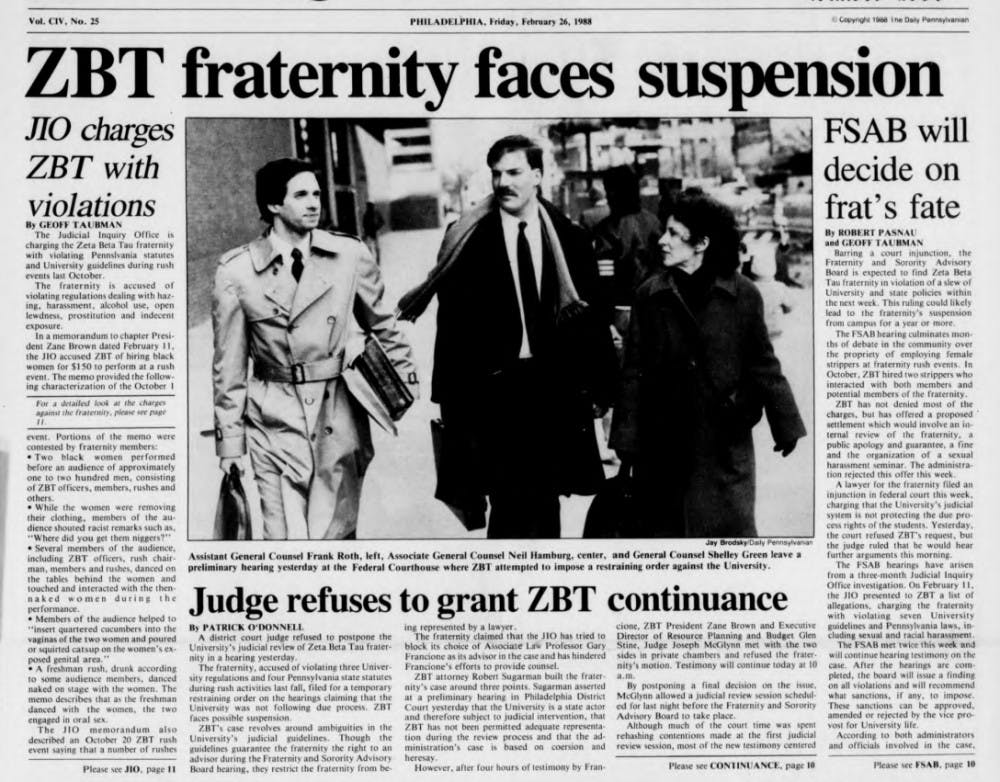 The DP covered the 1960's ZBT scandal, one of many fraternity misconduct incidents that have occured throughout Penn's history.