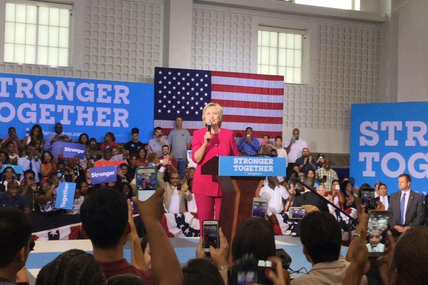 Democratic presidential nominee Hillary Clinton took to the stage on Aug. 16 during a rally held at the West Philadelphia High School. // M. Earl Smith | Staff Reporter