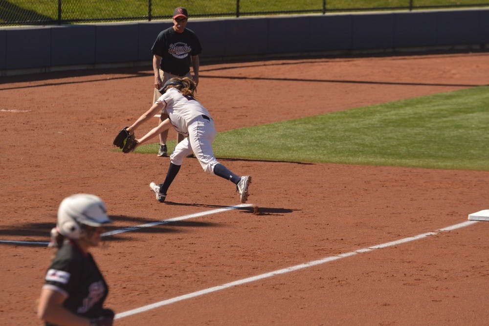 Sophomore Molly Oretsky makes a leaping catch from third base.