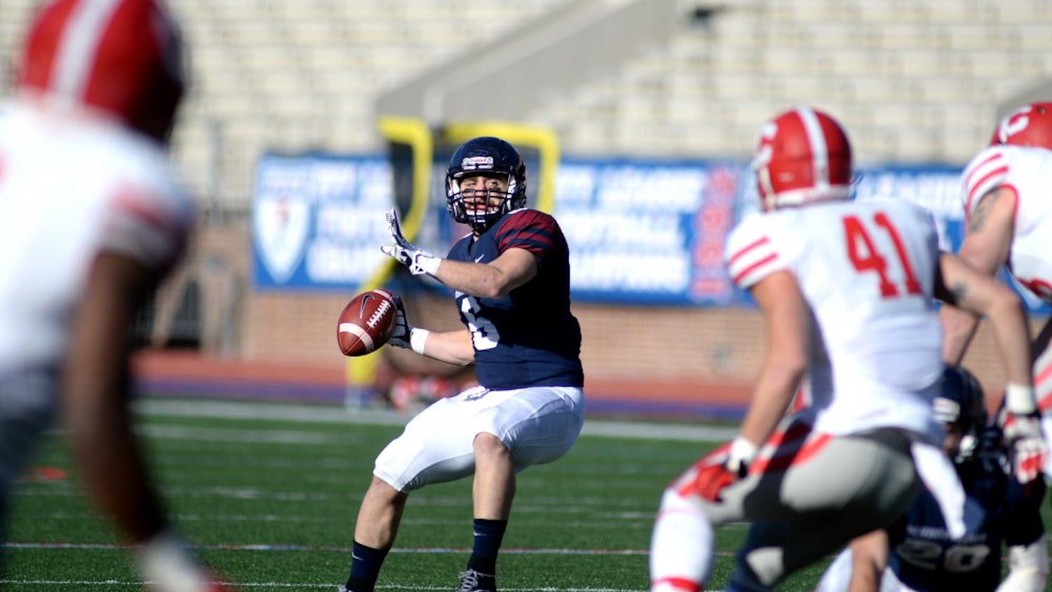 Senior wide receiver Eric Fiore took a pitch from Alek Torgersen and delivered a perfect pass to the endzone where senior tight end Ryan O'Malley was waiting.