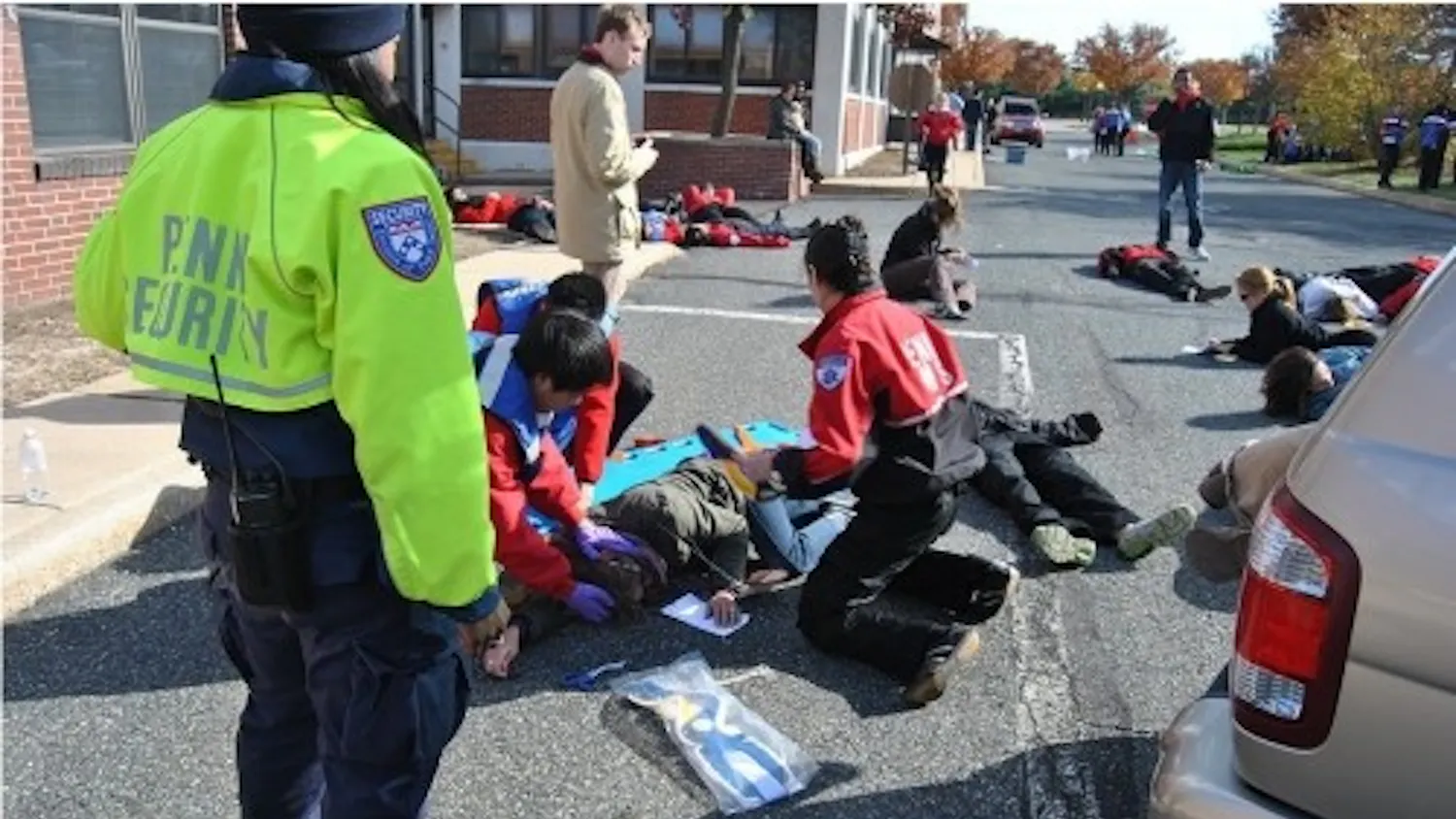 Members of Penn’s Medical Emergency Response Team attended to about 65 “victims” at a simulated chemical spill for their 4th Mass Casualty Incident Drill last November. The team cleared the simulation hour in about 30 minutes, improving on last year’s time