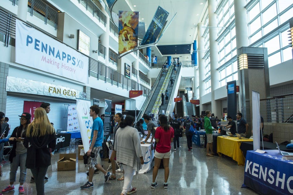 PennApps was in full swing on Saturday morning. Students flocked to the sponsors’ tables on the ground floor.