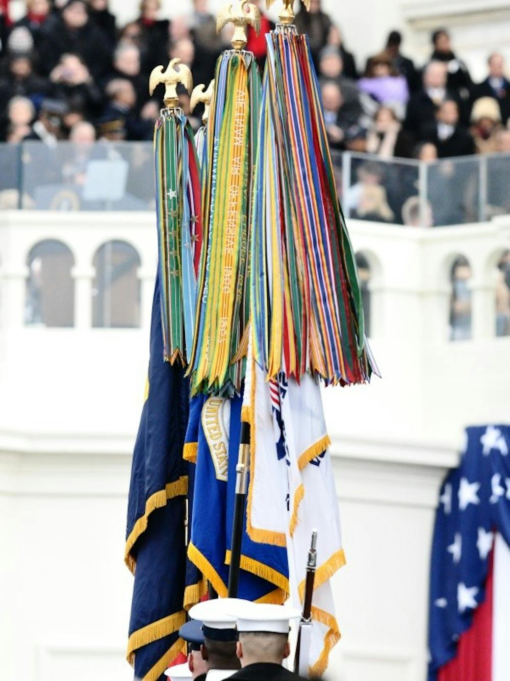 	Flag and seal bearers march at President Obama’s swearing-in ceremony Monday morning.