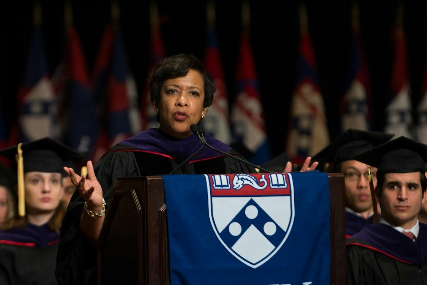 Loretta E. Lynch, Attorney General of the United States, speaks at Penn Law Commencement on May 16. 