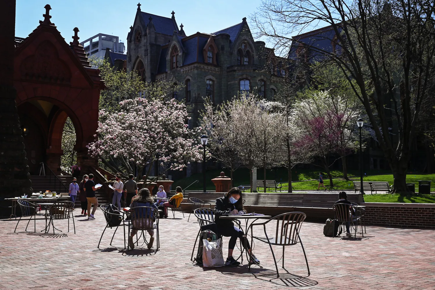 04-07-21 Spring campus studying cherry blossom masks social distancing (Kylie Cooper).jpg