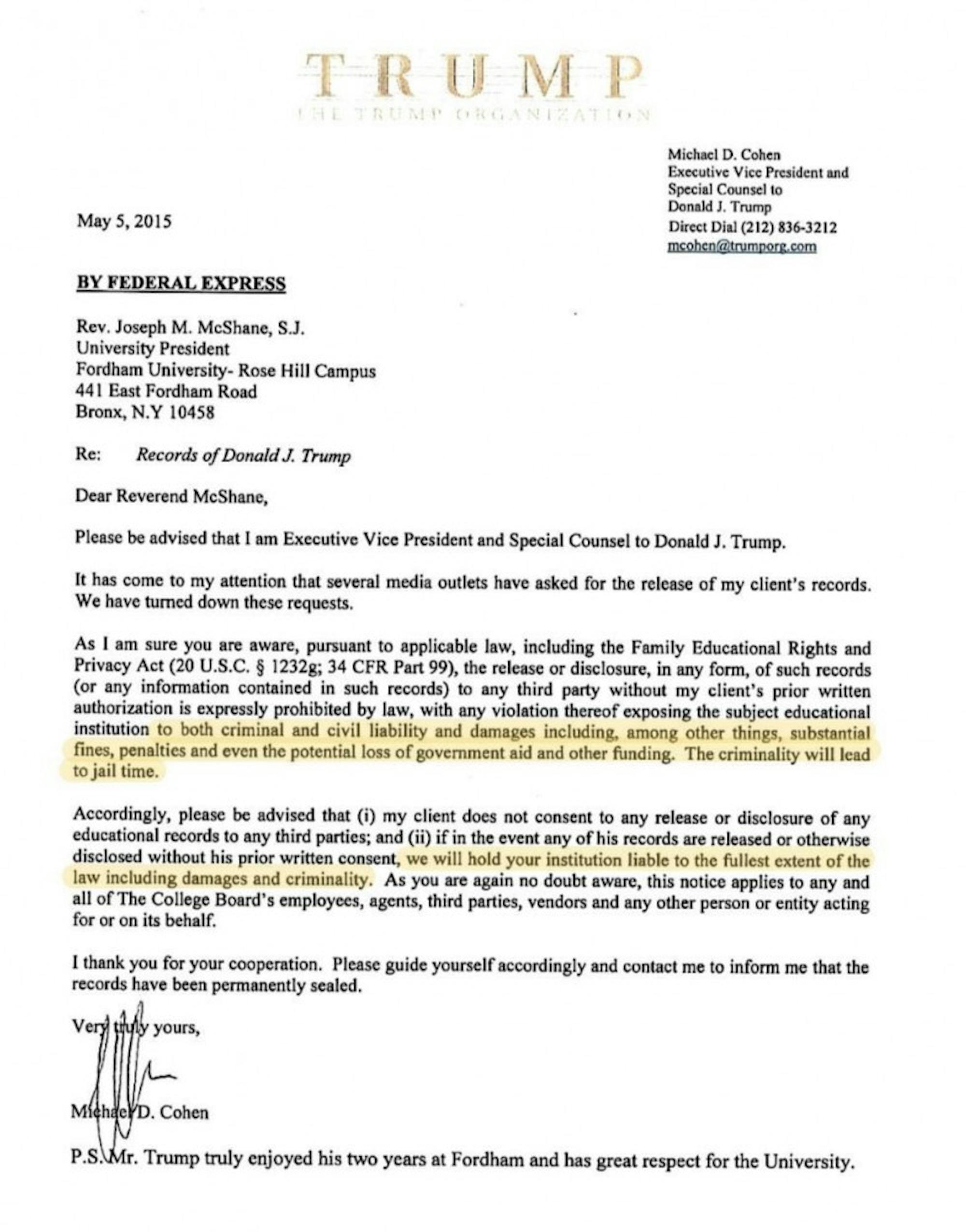 michael cohen fordham letter