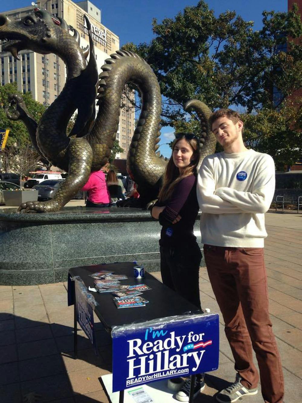 <p>College sophomores <strong>Emily Irani </strong>and <strong>Paul-Julien Burg</strong> canvassed with Penn for Hillary at Drexel in October.</p>