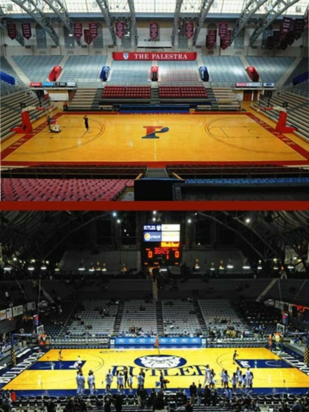 	The Palestra (top) has been home to Penn men’s basketball since Jan. 1, 1927. The Quakers fell to No. 17 Butler, 70-57, at Hinkle Fieldhouse (bottom) in Indianapolis last week. 