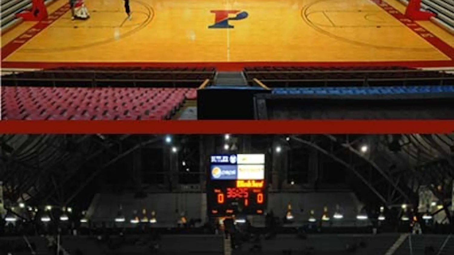 The Palestra (top) has been home to Penn men’s basketball since Jan. 1, 1927. The Quakers fell to No. 17 Butler, 70-57, at Hinkle Fieldhouse (bottom) in Indianapolis last week.