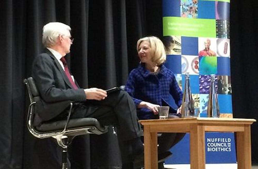 Penn President Amy Gutmann answered questions on bioethics at the British Library on Tuesday night.