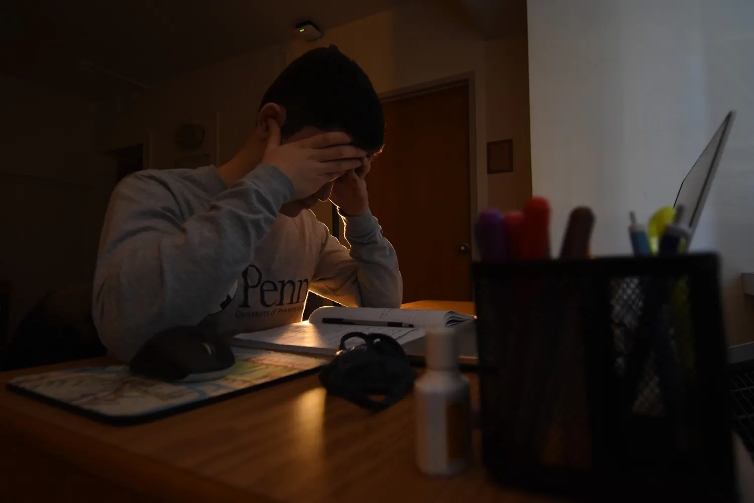 03-04-2021 Photo Ilustration Penn Shirt Stressed Student Desk Homework (Diego Cárdenas Uribe) .jpg