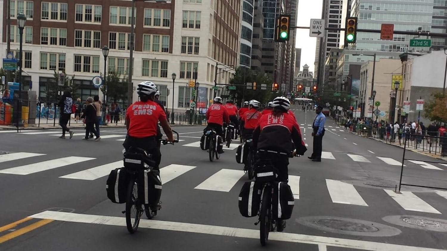 Members of Penn’s Medical Emergency Response Team rode into Center City to provide medical support for the papal visit. | Courtesy of Sara Jones