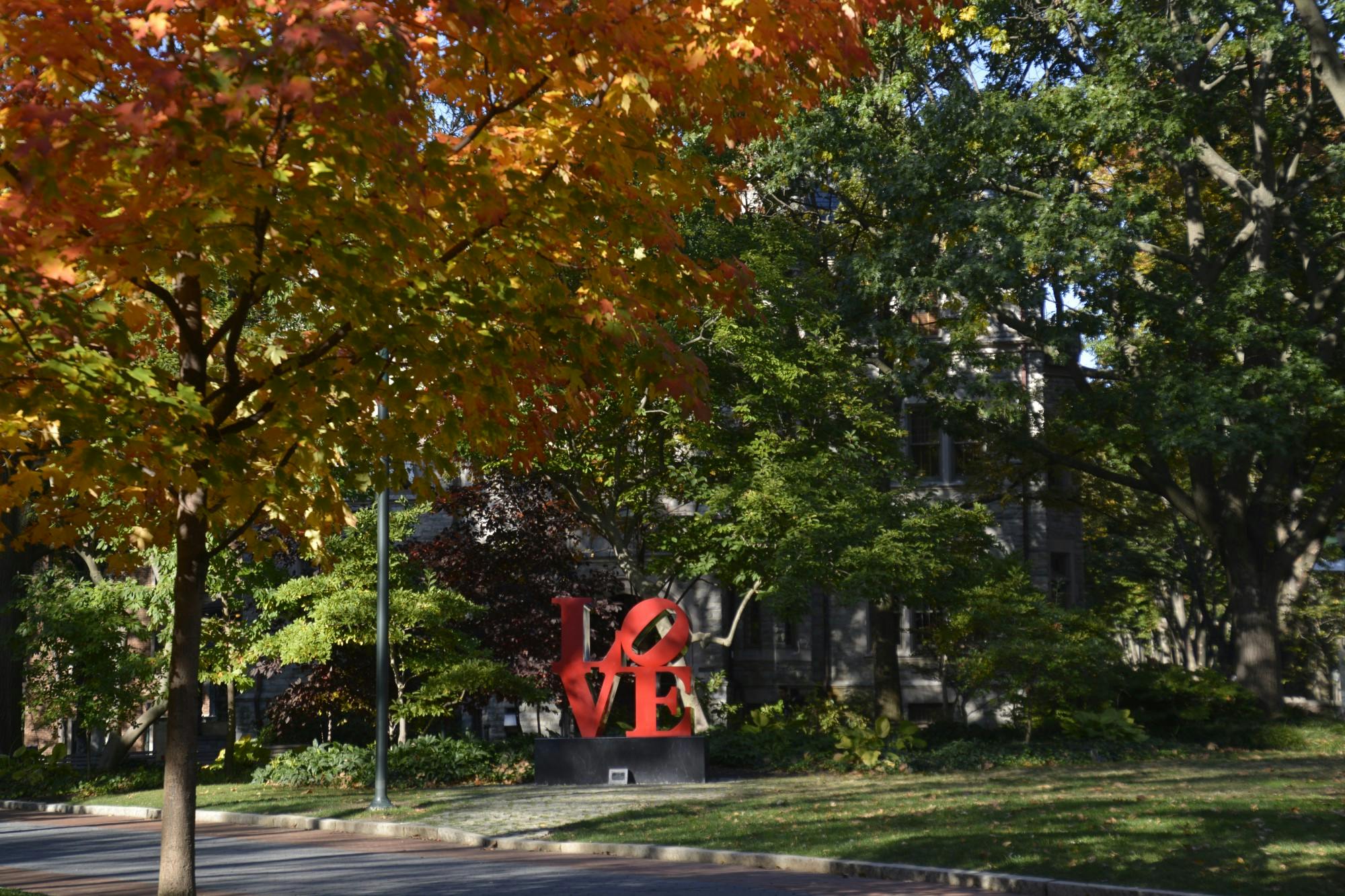 LOVE Statue Locust Walk Fall Leaves.JPG