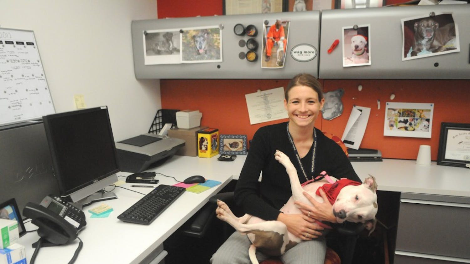 Michele Pich is a pet loss grief counselor at Penn Vet, with her dog Vivian