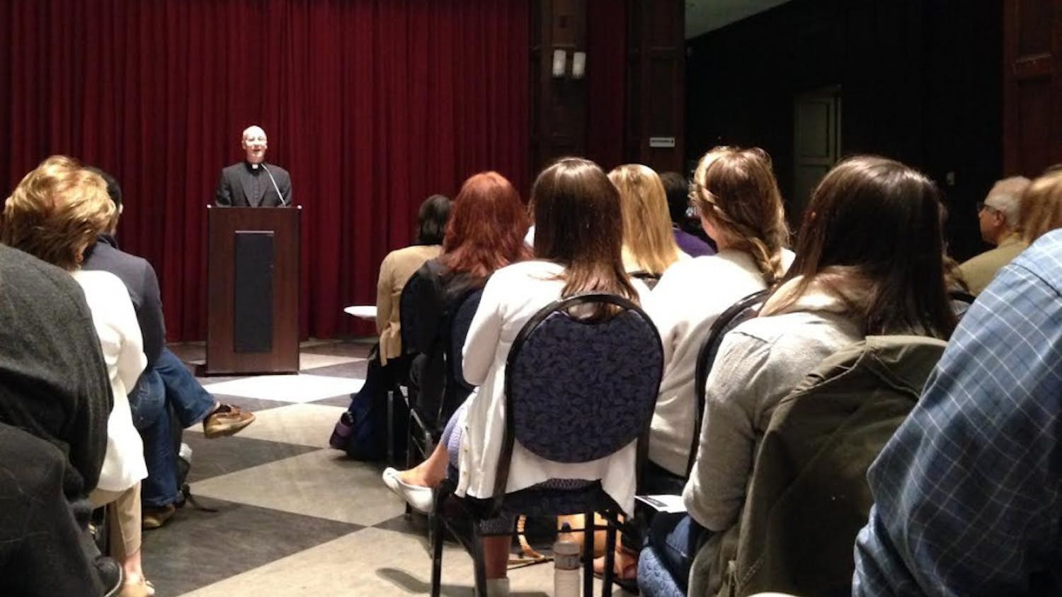 Penn alumnus and Jesuit priest Father James Martin spoke to students in the Hall of Flags about Pope Francis’ upcoming visit to Philadelphia.