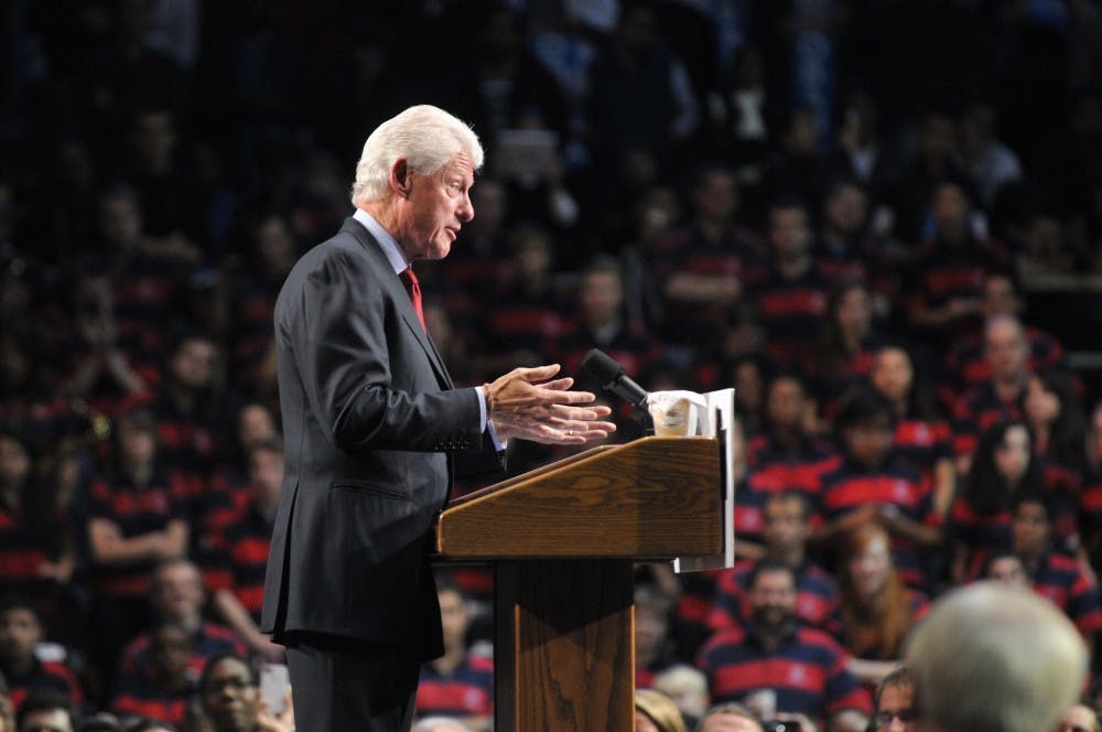 Former President Bill Clinton spoke at an Obama campaign rally in the Palestra the night before the election. Ed Rendell and Michael Nutter also delivered remarks. 