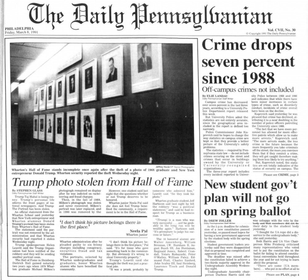 A March 1991 issue of the Daily Pennsylvanian describes how Donald Trump's photo was stolen from the Wharton Hall of Fame. | DP Archives