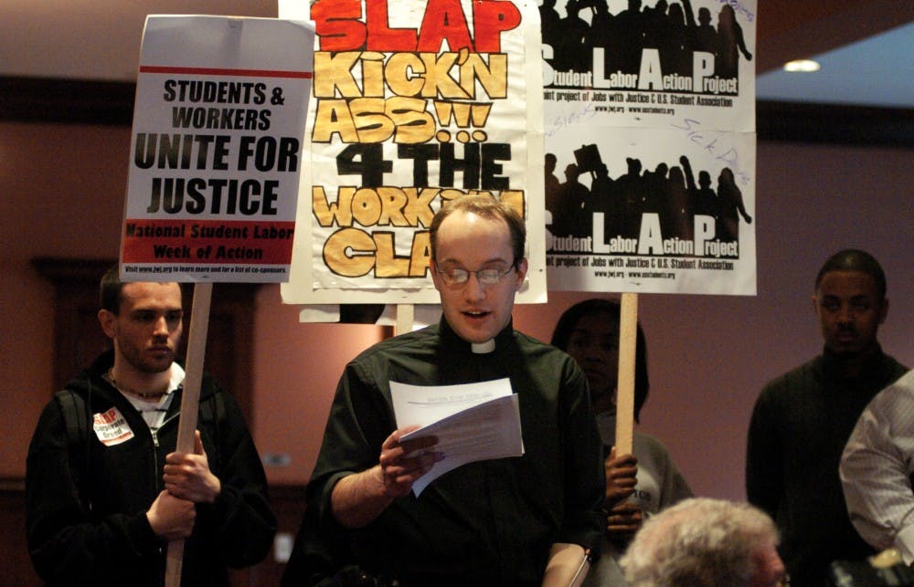 The Penn Student Labor Action Project (SLAP), in conjunction with Temple SLAP and Philadelphia Jobs with Justice hosted a rally in support of our Alleid Barton security officers. Rev. Andrew Plotcher reads the clergy letter to Amy Guttman. [?]