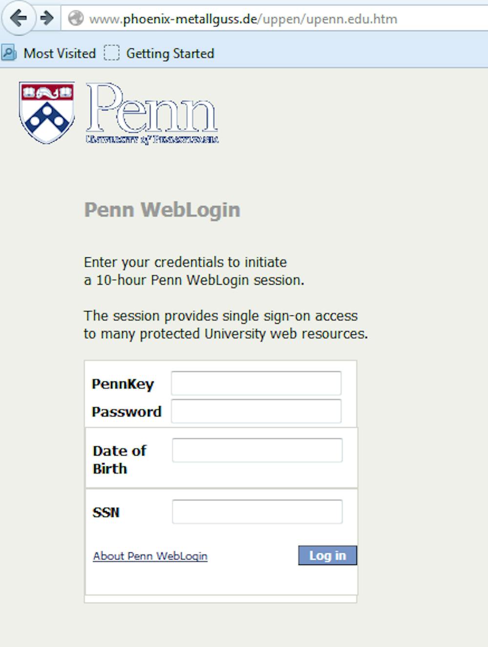 	A phishing scheme targeting Penn affiliates is designed to look like a secure Penn login screen. This screenshot was sent in an email by Information Systems & Computing.