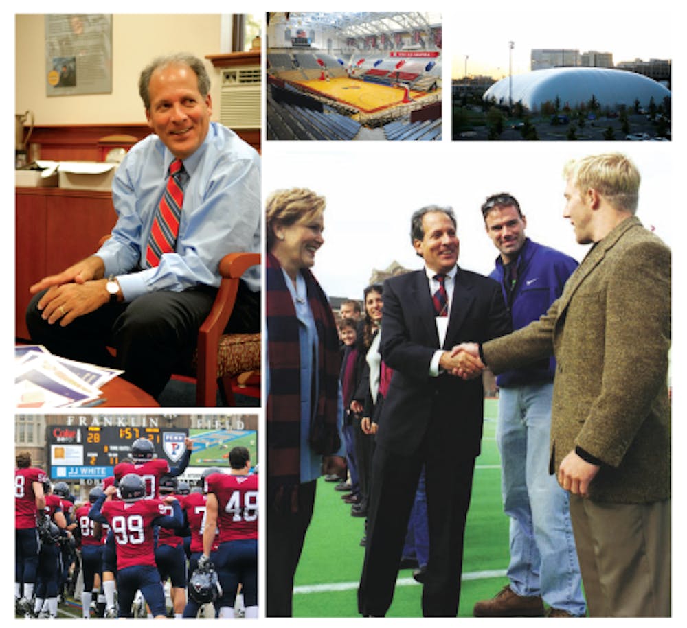 	Penn Athletic Director Steve Bilsky (top left and bottom right)
is retiring after 20 years at the helm. He has overseen renovation to the Palestra (top middle) and Franklin Field, the creation of Penn Park (top right) and other facilities as well 71 overall Ivy championships, including eight outright championships in football (bottom left) and eight championships in men’s basketball.