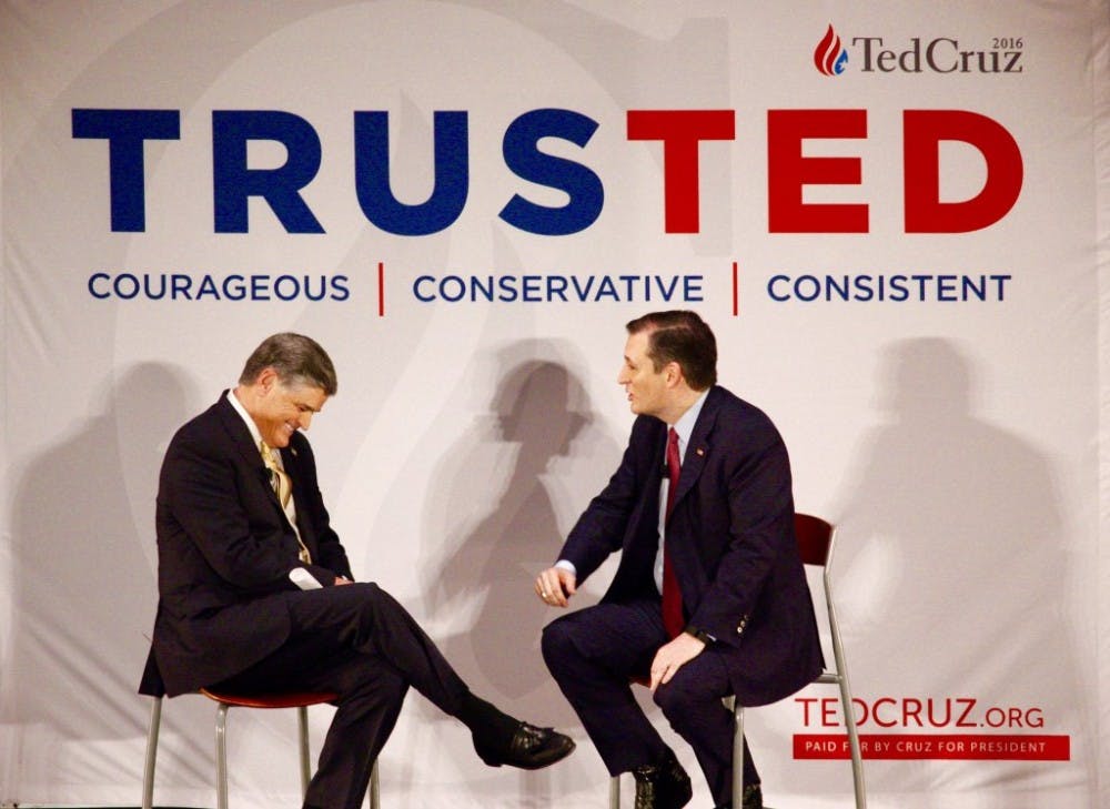Conservative radio and Fox News Channel show host Sean Hannity (left) and Ted Cruz (right) spoke about the liberal media, tax reform and values at a rally at the College of Charleston on Friday.