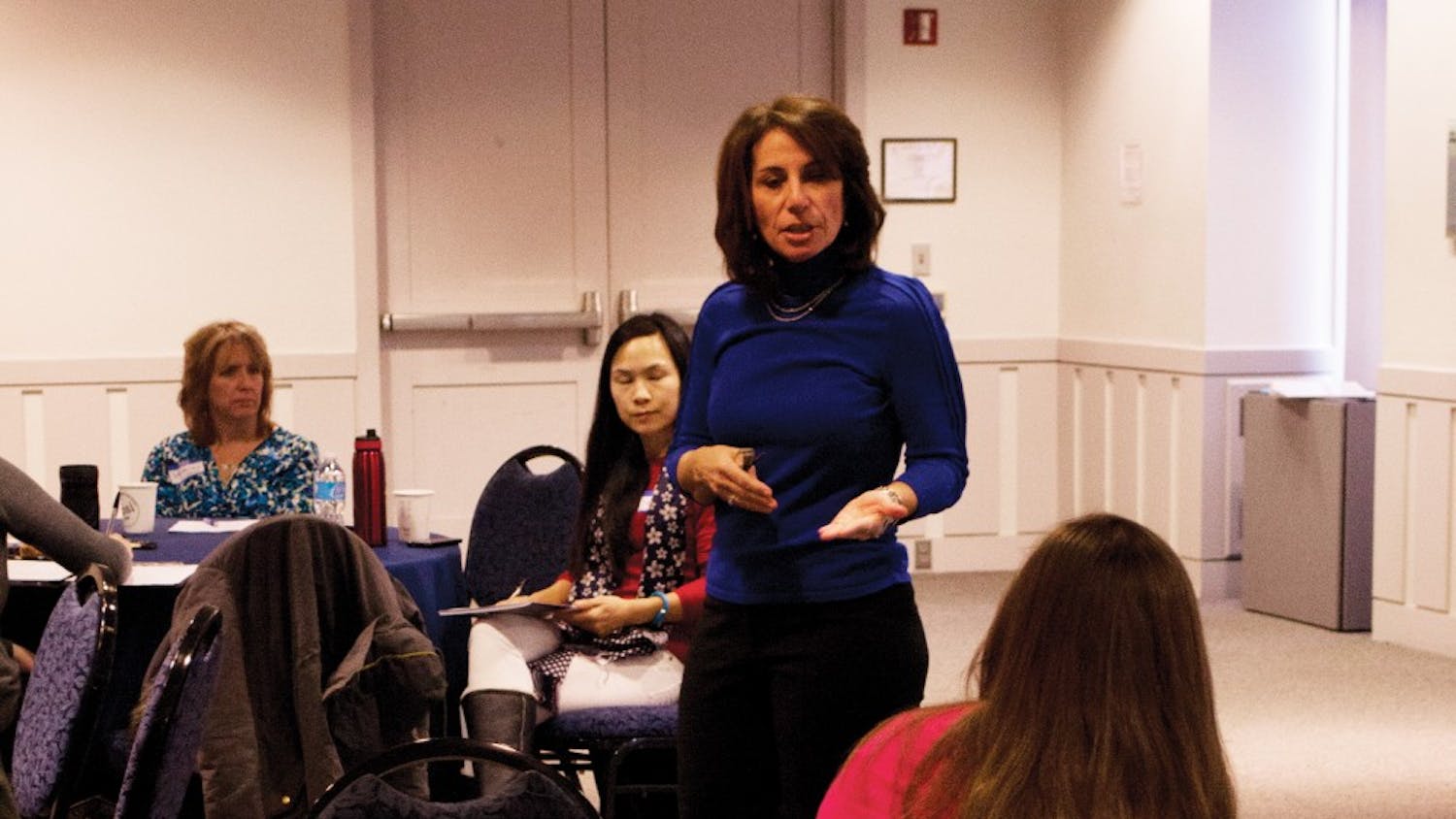 New Jersey Assemblywoman and director of Business Services at Penn Pamela Lampitt speaks in Claudia Cohen Hall