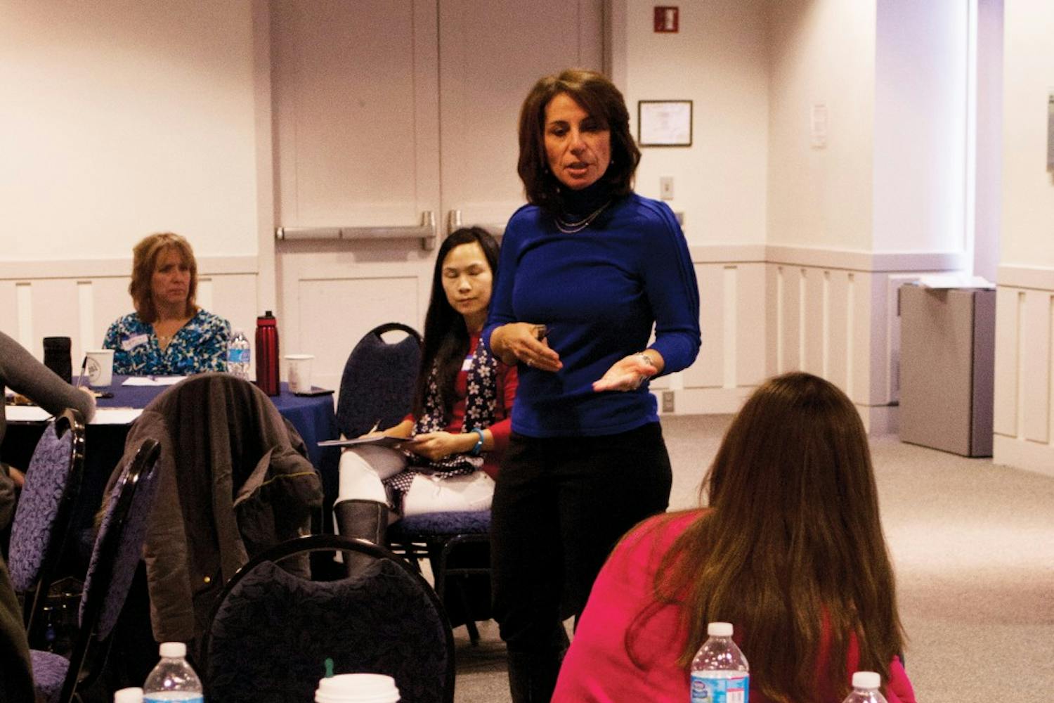 New Jersey Assemblywoman and director of Business Services at Penn Pamela Lampitt speaks in Claudia Cohen Hall