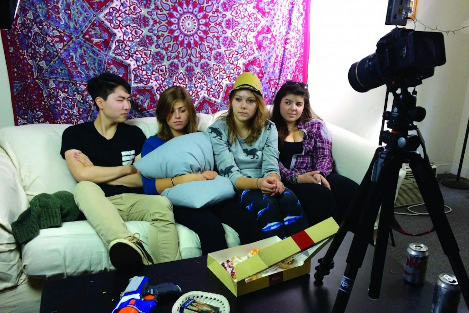 Main cast members of the new webseries. From left to right: Daniel Chung (C '18), Ava Kikut (C' 17), Olivia Lasche (C '16), and Elizabeth Martinez (C '19) | courtesy of Arielle Port