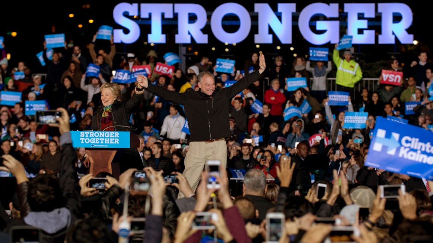 Democratic presidential nominee Hillary Clinton and Sen. Tim Kaine (D-Va.) campaigned at Penn Park on Saturday, Oct. 22.