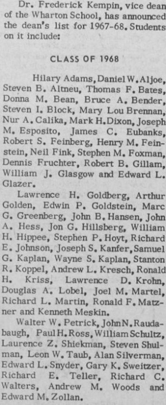 Dean's List Penn 1968