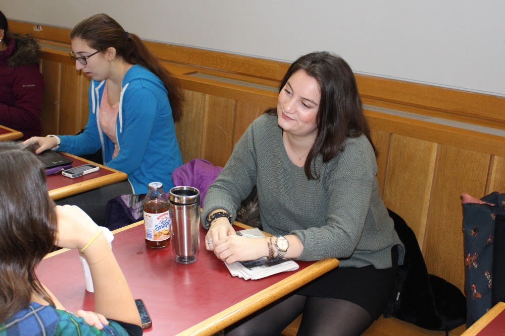 Jane&nbsp;Meyer&nbsp;spends an hour chatting with a friend at Williams between classes.