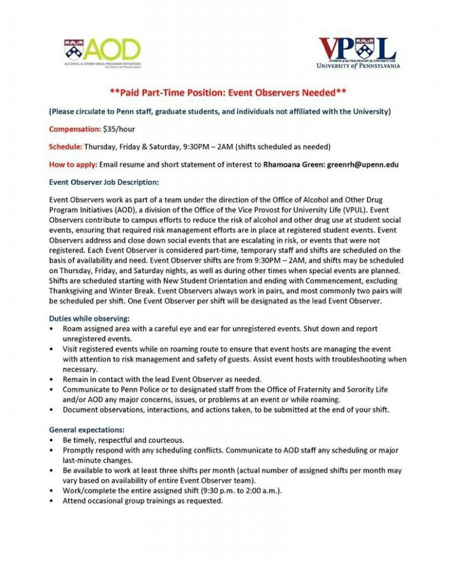 Event observers hiring flyer