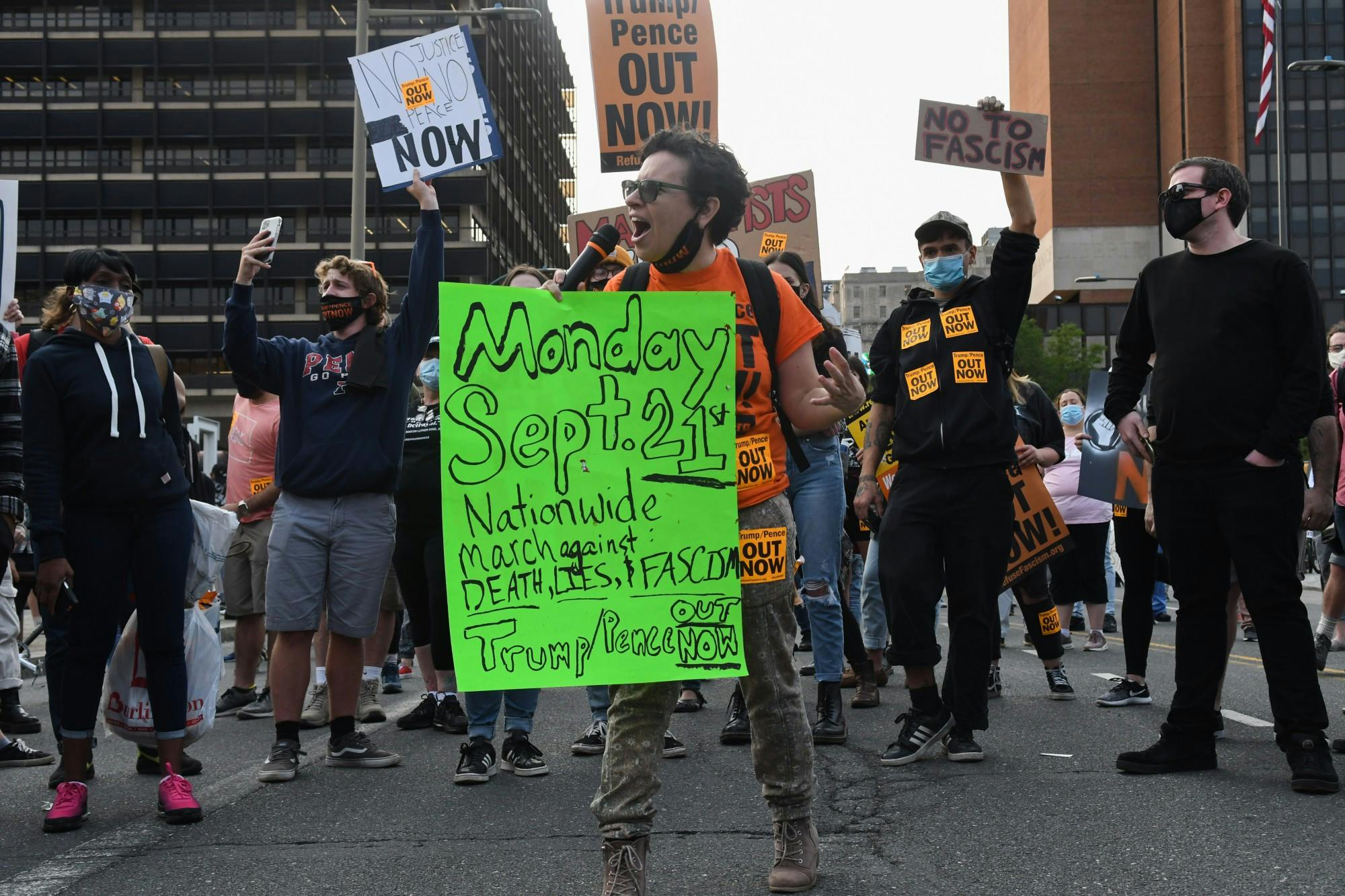 09-15-20 Donald Trump Protest Philadelphia Townhall Election Monday September 21 Nationwide Strike Sign and Speaker.jpg