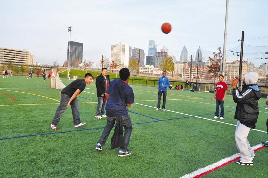 College Day with Lea Elementary School; students came in with their parents to learn about Penn and opportunities in college education. Photos of tour and of Penn Park fun and games