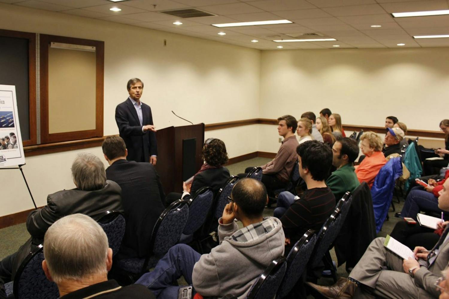 Former Admiral Joe Sestak speaks at Irvine Auditorium about his policy proposals, specifically his foreign policy plans.