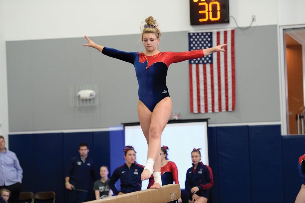 With a score of 9.650 on vault, sophomore Ally Podsednik took third on the event, helping propel the Red and Blue to a second-place finish.