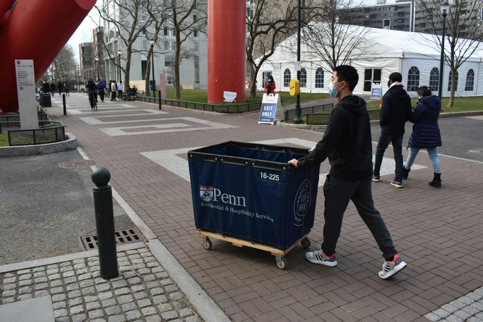 Move-In 2021 COVID-19 Student Pushing Cart Locust Walk 01-14-21.jpeg