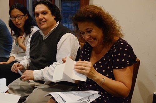 On Wednesday night, the Kelly Writer's House hosted a Bookbinding Workshop lead by Henry Steinberg,a 2013 College graduate. Participants learned the art of bookingbinding from Steinberg and his "No Good Guide to Basic Bookbinding" and left with four handmade books. 