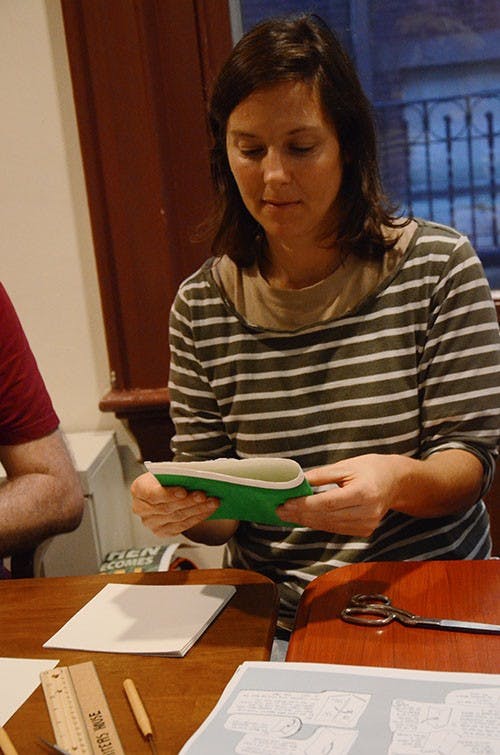 On Wednesday night, the Kelly Writer's House hosted a Bookbinding Workshop lead by Henry Steinberg,a 2013 College graduate. Participants learned the art of bookingbinding from Steinberg and his "No Good Guide to Basic Bookbinding" and left with four handmade books. 