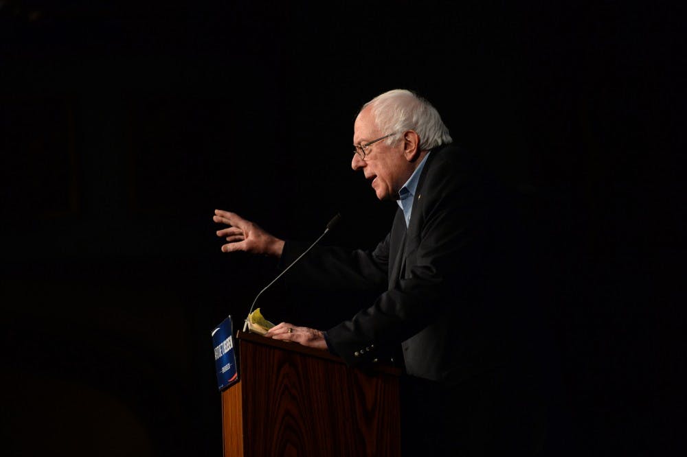 Democratic Sen. Bernie Sanders (D-Vermont) speaks to crowd at Palace Theatre in Manchester, New Hampshire ahead of Tuesday's primaries.