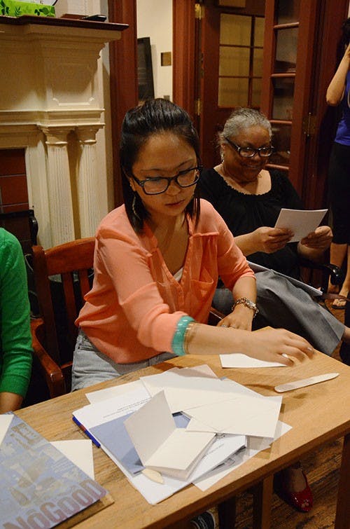 On Wednesday night, the Kelly Writer's House hosted a Bookbinding Workshop lead by Henry Steinberg,a 2013 College graduate. Participants learned the art of bookingbinding from Steinberg and his "No Good Guide to Basic Bookbinding" and left with four handmade books. 